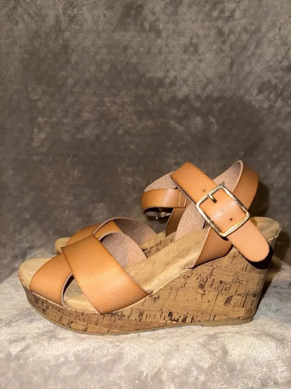 Maurices Elsa Tan Faux Leather Cork Wedge Sandals Size 8.5M